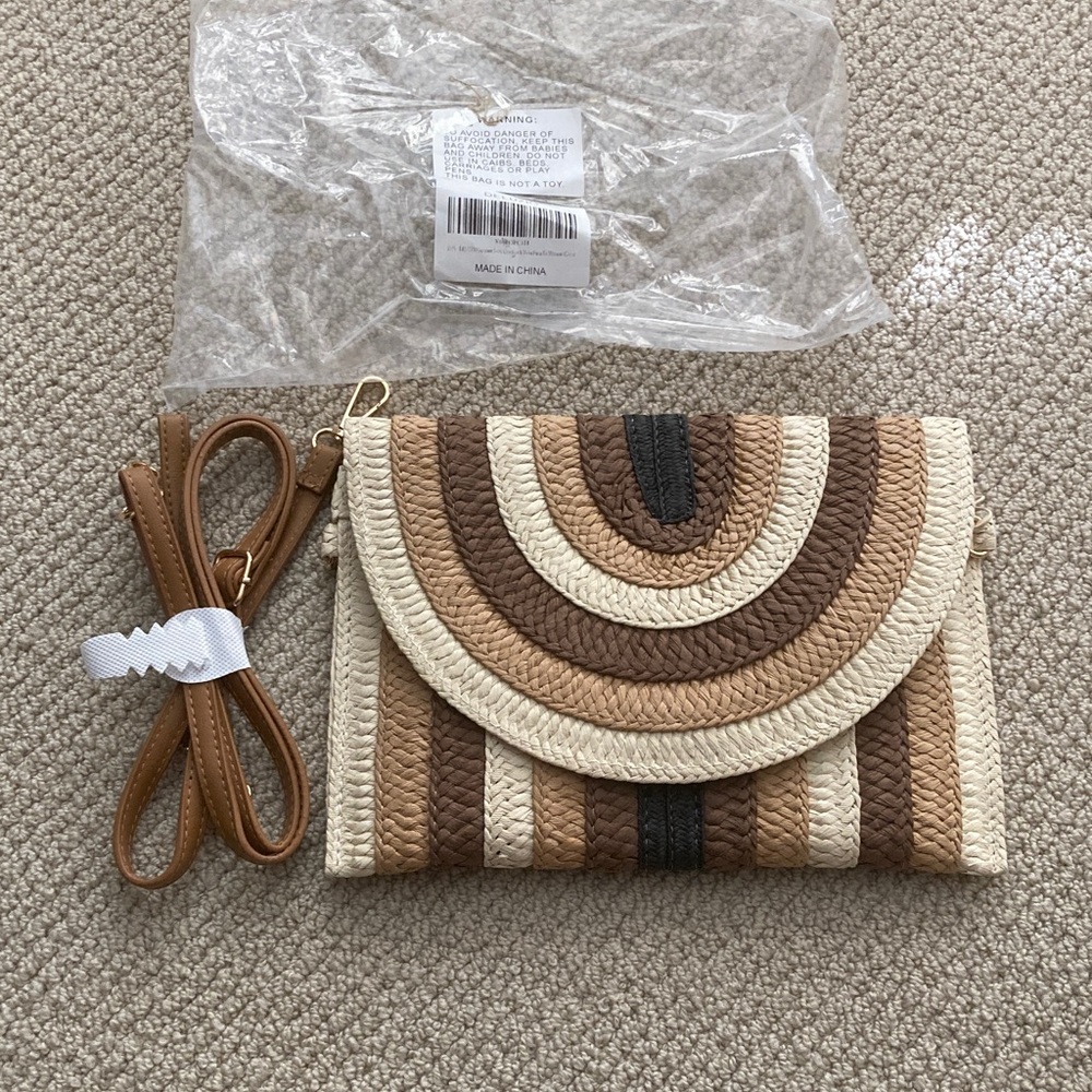 NEW Deluzio Crossbody Bag Woven Straw Two-way Clutch Natural Multi-Tone NWT